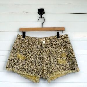 POL Anthro Boho Distressed Leopard Raw Hem Denim Cut Offs Jean Shorts Size Large
